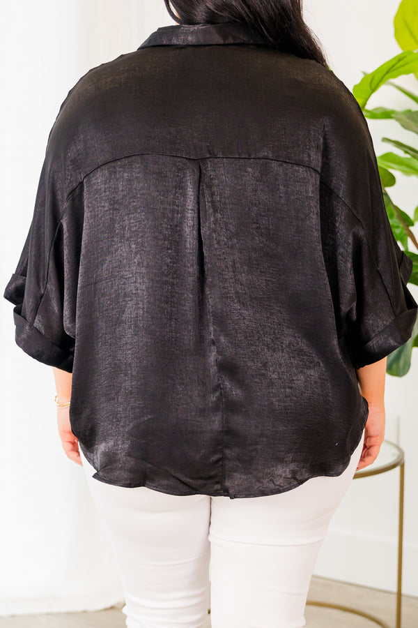 Chic Soul plus size clothing, half sleeve collared black top with white button details