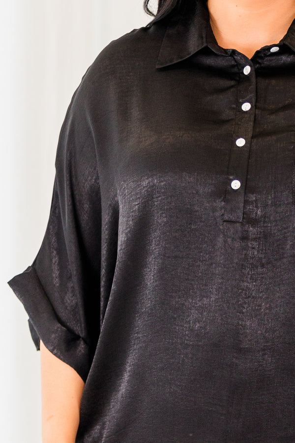 Chic Soul plus size clothing, half sleeve collared black top with white button details