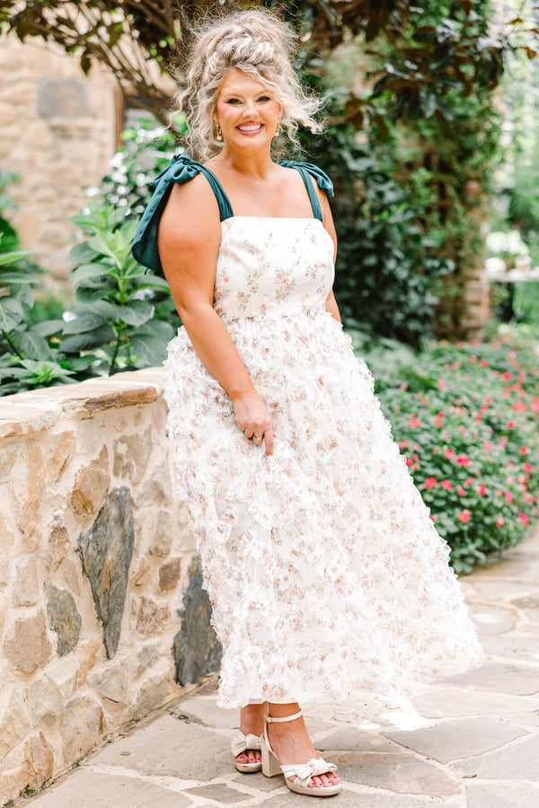Chic Soul plus size clothing, ivory tulle maxi dress with floral print with ruffle tulle along skirt with emerald tie straps with square neckline
