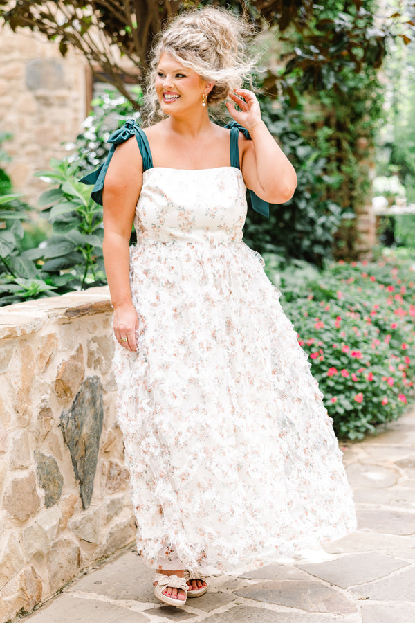 Chic Soul plus size clothing, ivory tulle maxi dress with floral print with ruffle tulle along skirt with emerald tie straps with square neckline