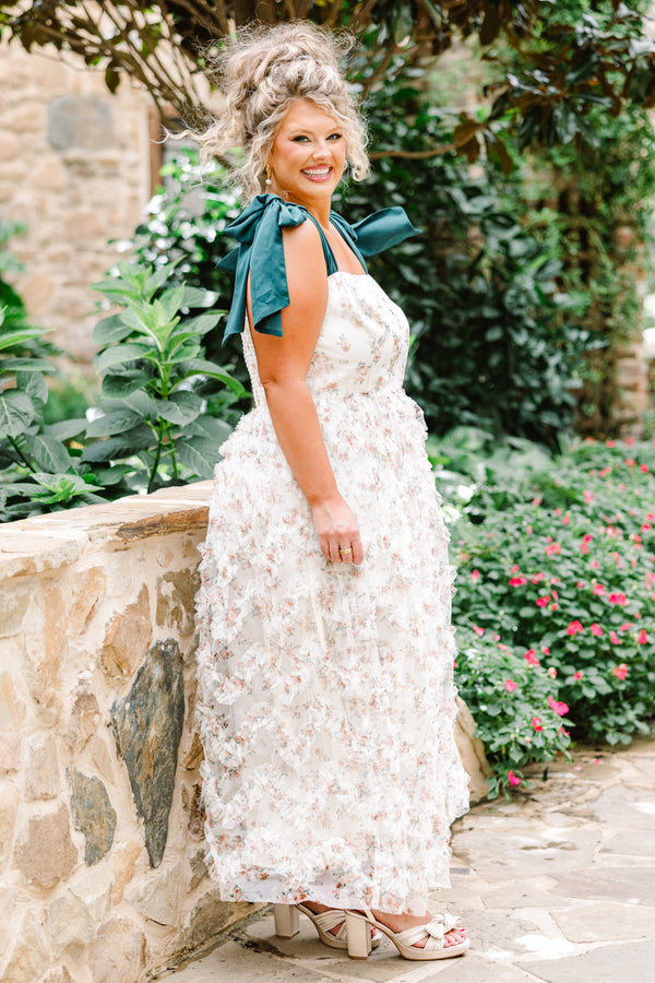 Chic Soul plus size clothing, ivory tulle maxi dress with floral print with ruffle tulle along skirt with emerald tie straps with square neckline