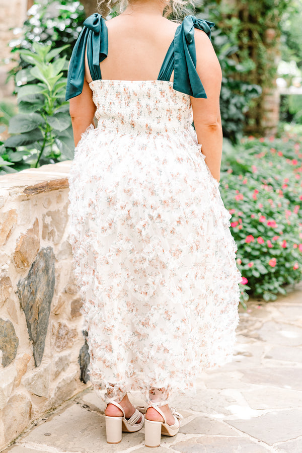 Chic Soul plus size clothing, ivory tulle maxi dress with floral print with ruffle tulle along skirt with emerald tie straps with square neckline