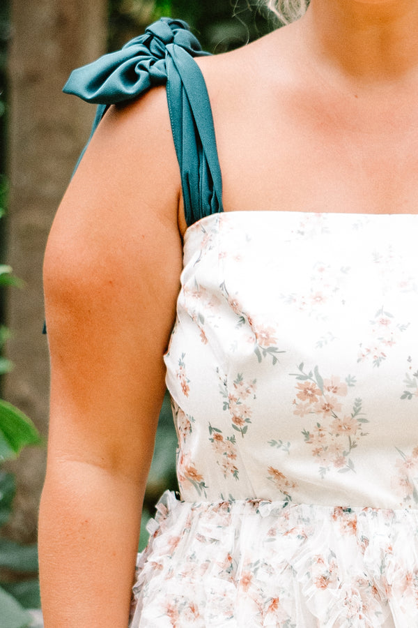 Chic Soul plus size clothing, ivory tulle maxi dress with floral print with ruffle tulle along skirt with emerald tie straps with square neckline
