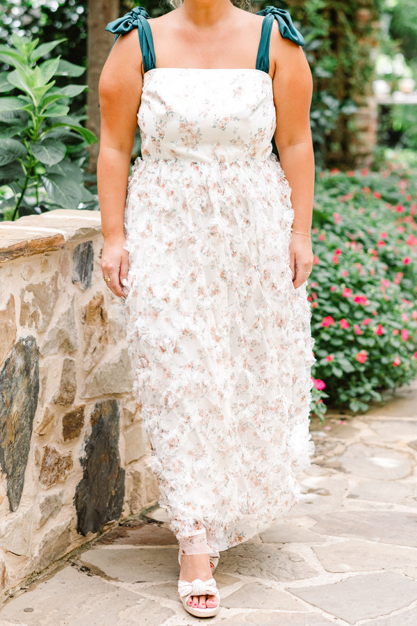 Chic Soul plus size clothing, ivory tulle maxi dress with floral print with ruffle tulle along skirt with emerald tie straps with square neckline