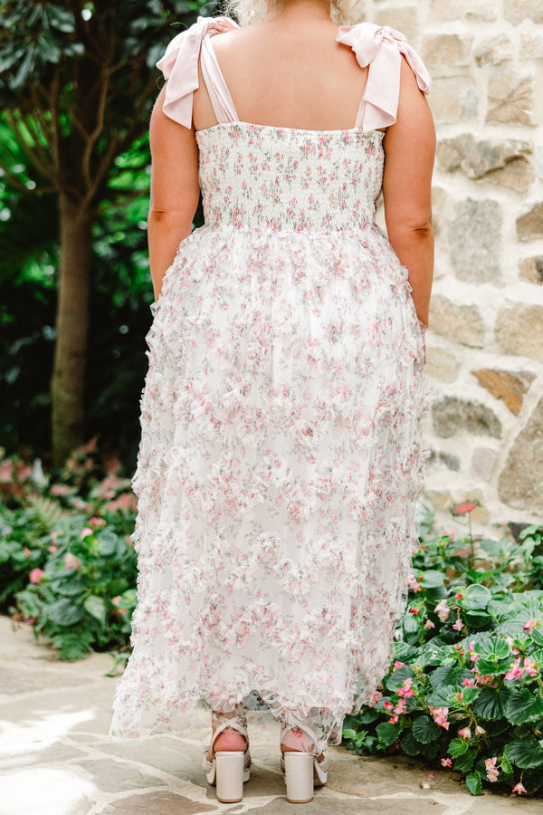 Chic Soul plus size clothing, ivory tulle maxi dress with floral print with ruffle tulle along skirt with emerald tie straps with square neckline