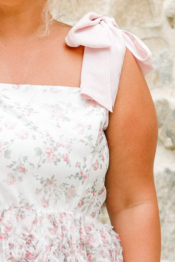 Chic Soul plus size clothing, ivory tulle maxi dress with floral print with ruffle tulle along skirt with emerald tie straps with square neckline
