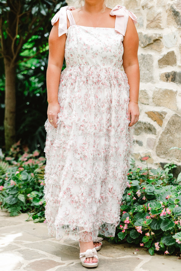 Chic Soul plus size clothing, ivory tulle maxi dress with floral print with ruffle tulle along skirt with emerald tie straps with square neckline