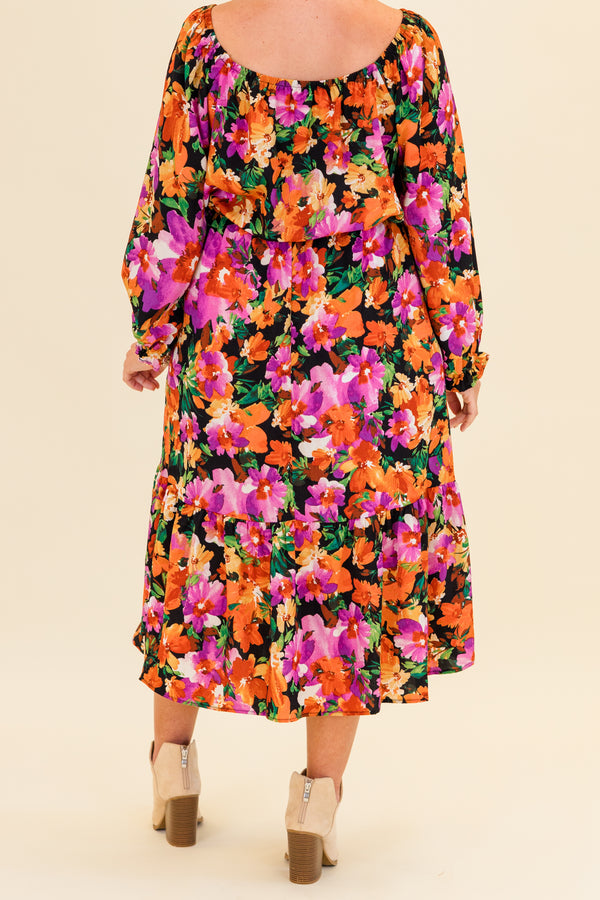 Chic Soul plus size clothing, puffed-quarter-sleeve black ruffled maxi dress with orange and purple floral pattern and square neck-line 