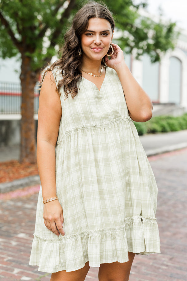 Chic Soul plus size clothing, sage gingham sleeveless dress with a ruffle detail at the bottom of the dress and a v-neckline 