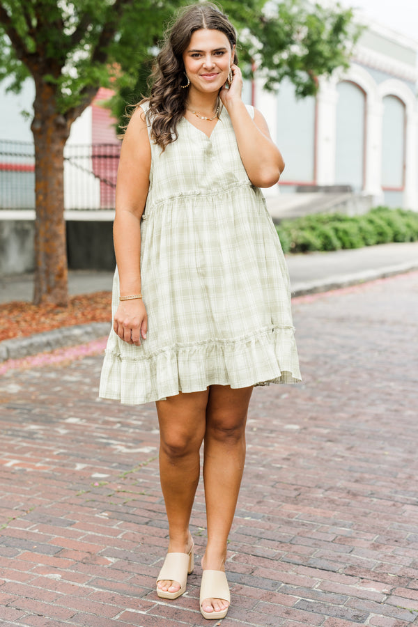 Chic Soul plus size clothing, sage gingham sleeveless dress with a ruffle detail at the bottom of the dress and a v-neckline 