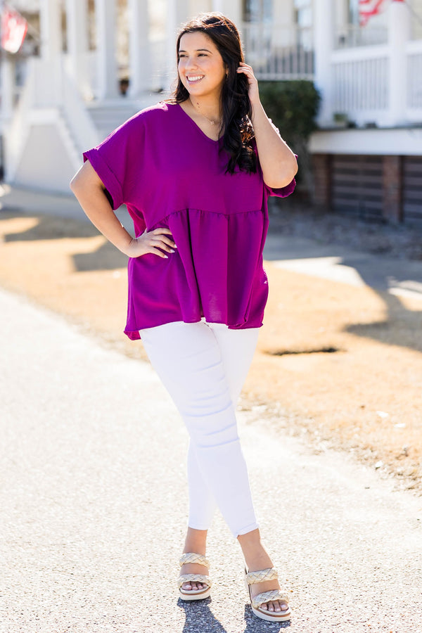 Chic Soul plus size clothing, eggplant babydoll style top with short cuffed sleeves