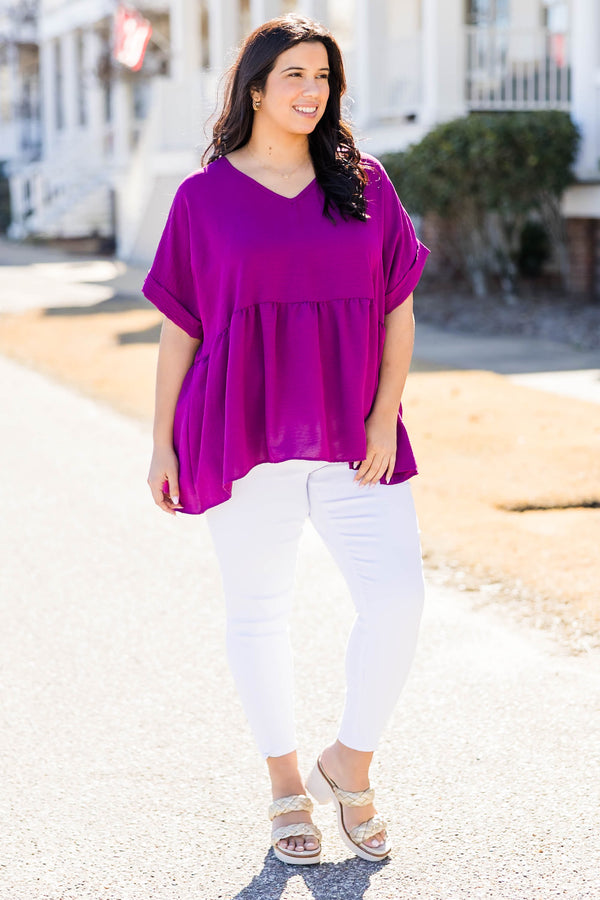 Chic Soul plus size clothing, eggplant babydoll style top with short cuffed sleeves