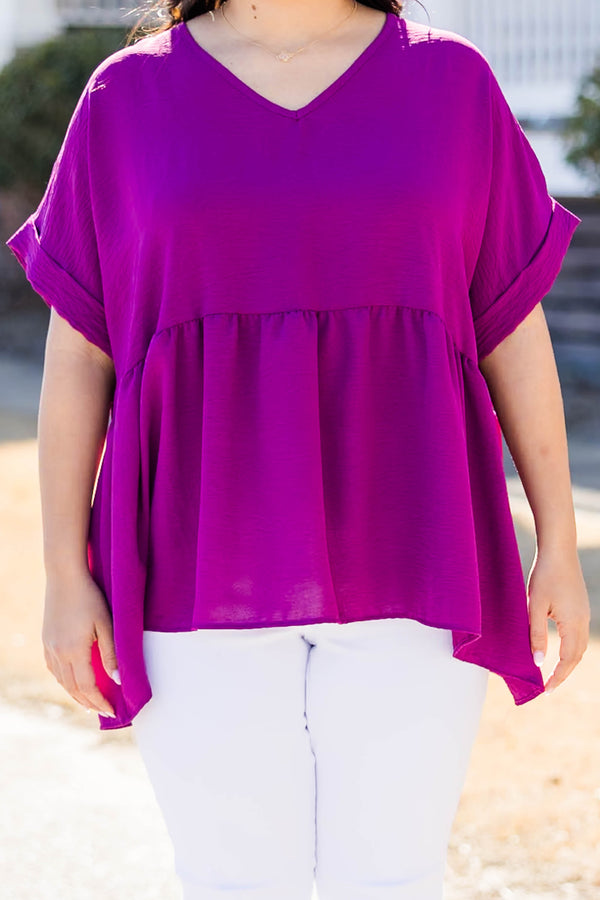 Chic Soul plus size clothing, eggplant babydoll style top with short cuffed sleeves