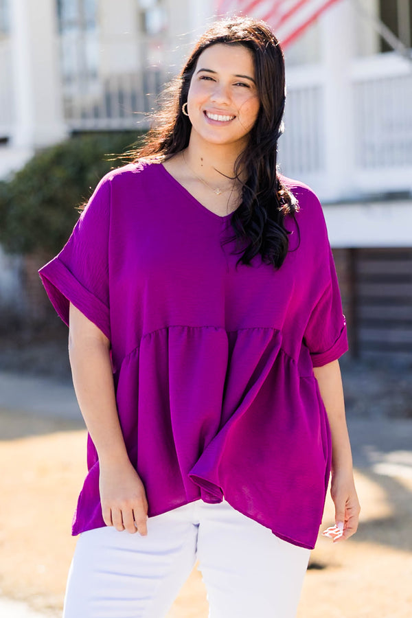 Chic Soul plus size clothing, eggplant babydoll style top with short cuffed sleeves
