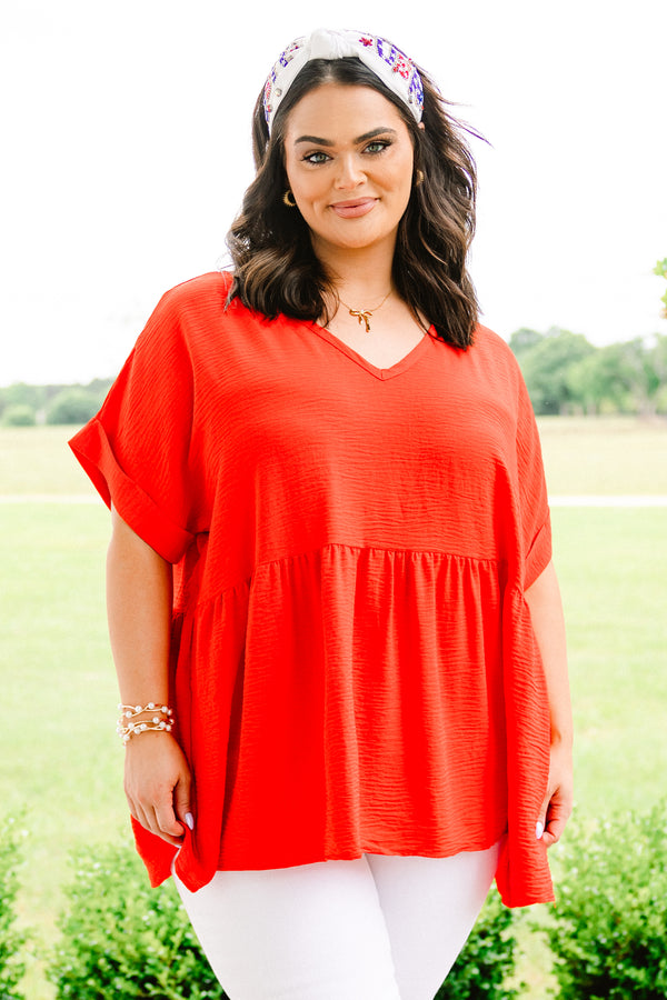 Chic Soul plus size clothing, tomato red babydoll top