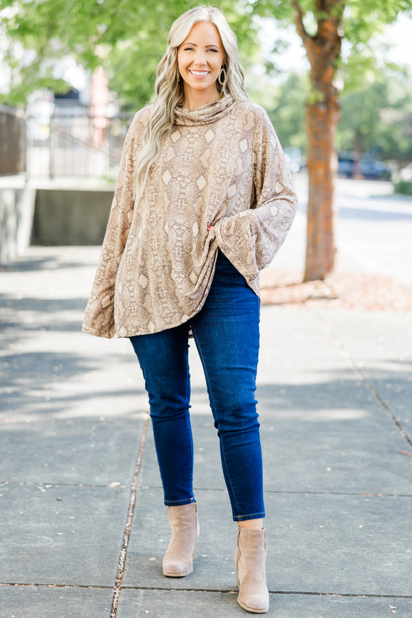 Chic Soul plus size clothing, brown snake print long sleeve top with cowl turtleneck neckline with bell sleeves