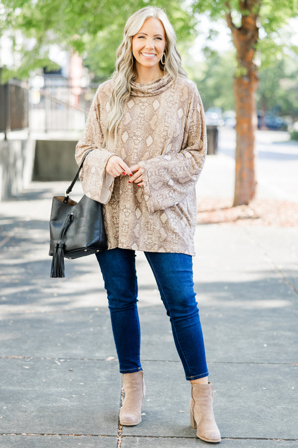 Chic Soul plus size clothing, brown snake print long sleeve top with cowl turtleneck neckline with bell sleeves