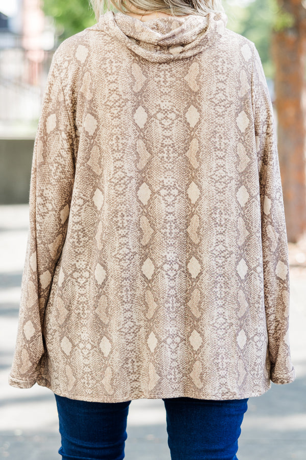 Chic Soul plus size clothing, brown snake print long sleeve top with cowl turtleneck neckline with bell sleeves