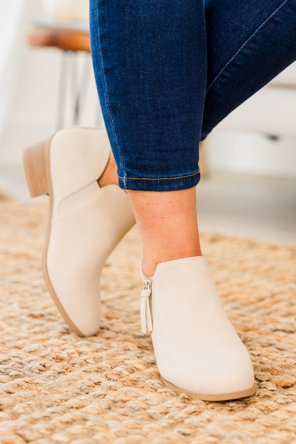 Chic Soul plus size clothing, nude round toe booties with slight block wooden heel and side zipper detail