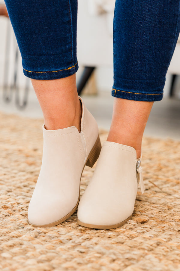 Chic Soul plus size clothing, nude round toe booties with slight block wooden heel and side zipper detail