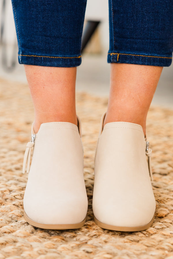 Chic Soul plus size clothing, nude round toe booties with slight block wooden heel and side zipper detail