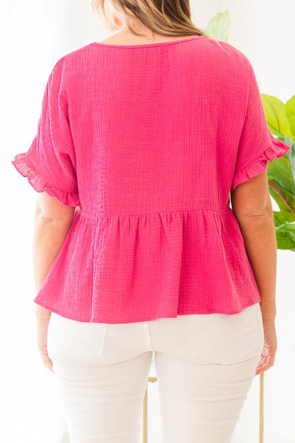 Plus Size pink cotton gauze babydoll top with ruffle short sleeves and a round neckline.