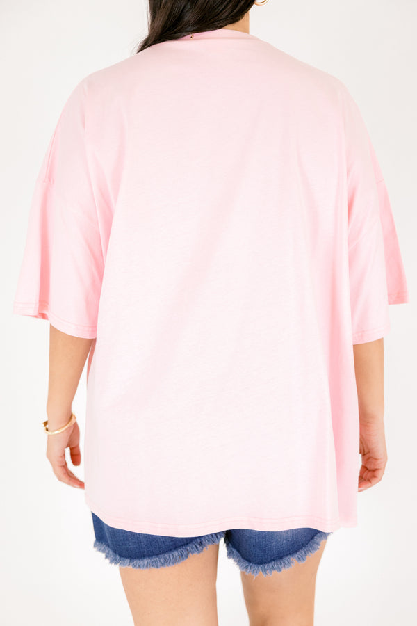 Chic Soul plus size clothing, light pink oversized boyfriend tee with hot pink cheetah graphic and 