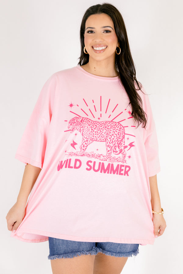 Chic Soul plus size clothing, light pink oversized boyfriend tee with hot pink cheetah graphic and 