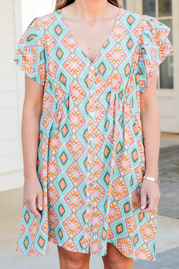 Chic Soul plus size clothing, flowy ruffled mint green dress with orange patterns