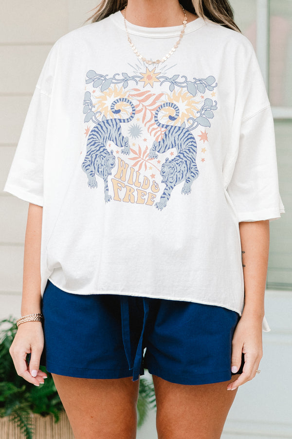 Chic soul plus size clothing, white short sleeve tee with two blue tigers on the front and the words 