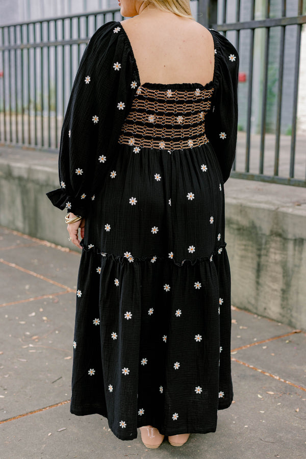 Chic Soul plus size clothing, black long sleeve flowy tiered maxi dress with square neckline and ruched texture top and small white flowers on it