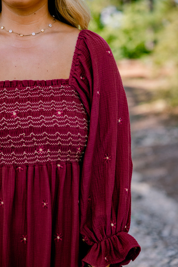 Chic Soul plus size clothing, burgundy long sleeve maxi dress with bubble sleeves and rouching on the chest and small white flowers all over 