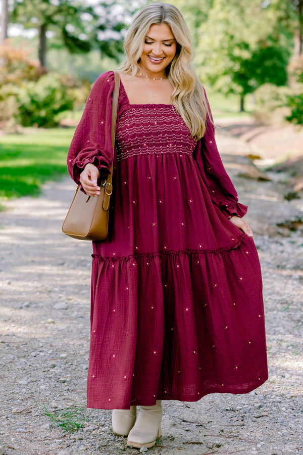 Chic Soul plus size clothing, burgundy long sleeve maxi dress with bubble sleeves and rouching on the chest and small white flowers all over 