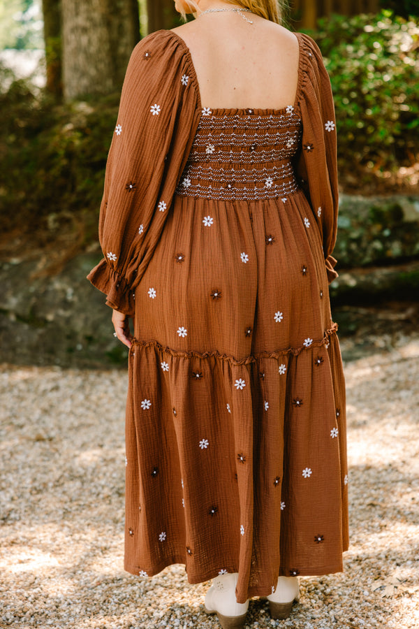 Chic Soul plus size clothing, dark brown maxi dress with a brown and white floral pattern and long bubble sleeves that have a ruffle detail as well as a square neckline 