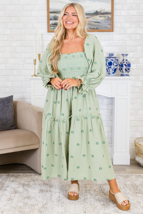 Chic Soul plus size clothing, long-puffed-sleeve green ruffled maxi dress with a smocked bodice and green subtle floral pattern