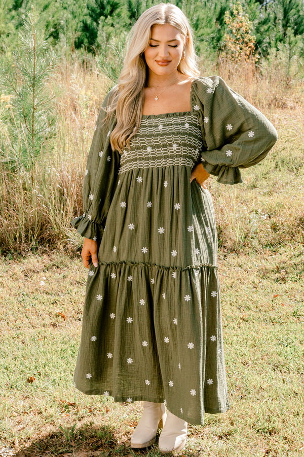 Chic Soul plus size clothing, olive square neck tiered maxi dress with small white flowers on it 