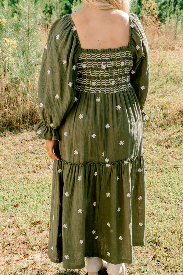 Chic Soul plus size clothing, olive square neck tiered maxi dress with small white flowers on it 