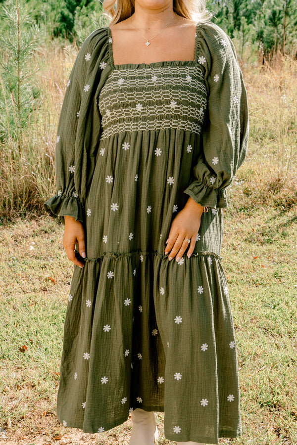 Chic Soul plus size clothing, olive square neck tiered maxi dress with small white flowers on it 