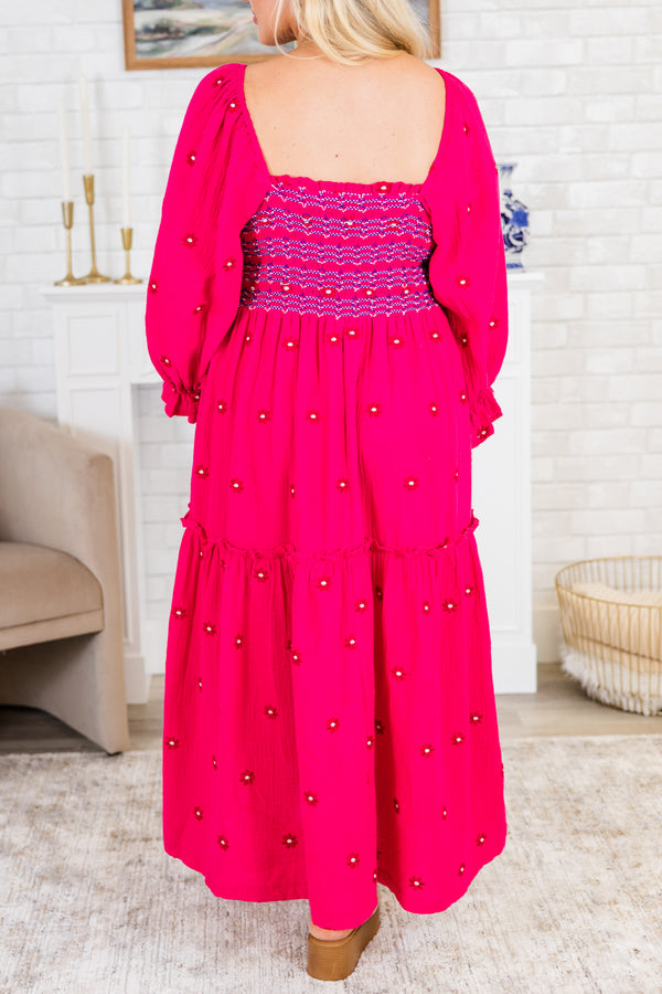 Chic Soul plus size clothing, long-sleeve hot pink midi dress with a smocked bodice and a square neckline with subtle multi-colored spotted floral pattern