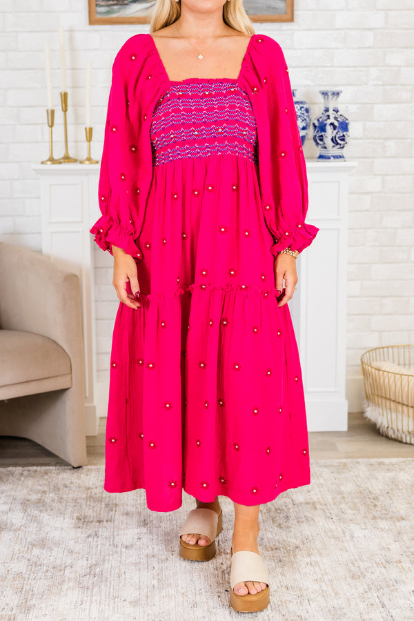 Chic Soul plus size clothing, long-sleeve hot pink midi dress with a smocked bodice and a square neckline with subtle multi-colored spotted floral pattern
