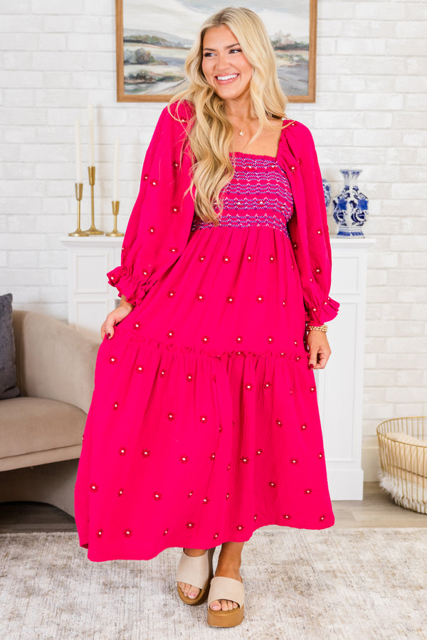 Chic Soul plus size clothing, long-sleeve hot pink midi dress with a smocked bodice and a square neckline with subtle multi-colored spotted floral pattern