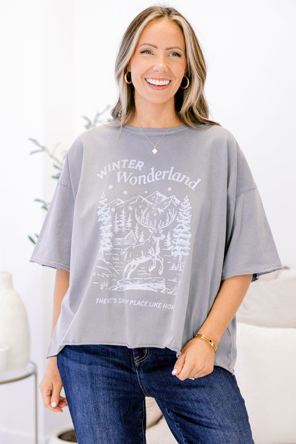 Chic Soul plus size clothing, light grey short sleeve slightly cropped tee with a white winter scene and 