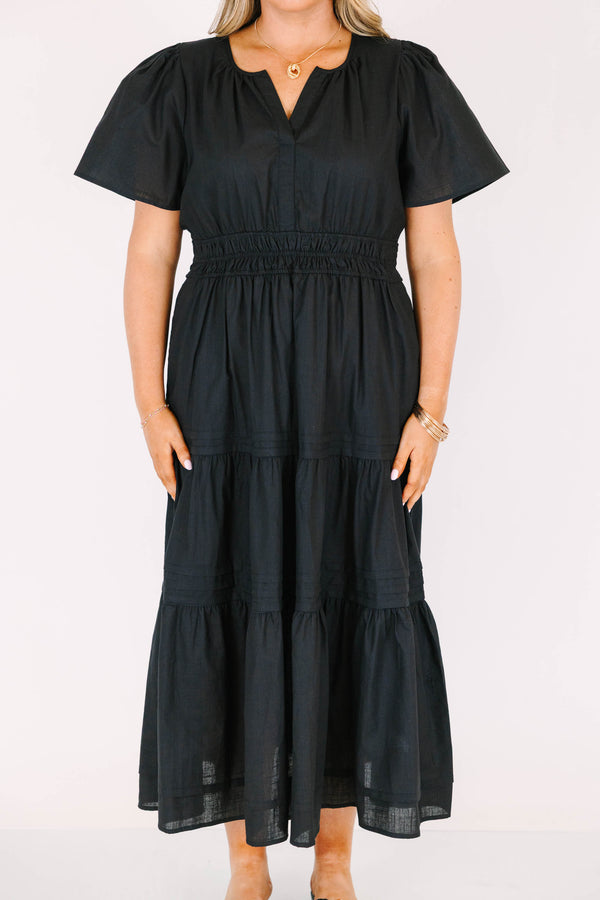Chic Soul plus size clothing, black tiered flowy midi dress with cinched waistline and a v neck