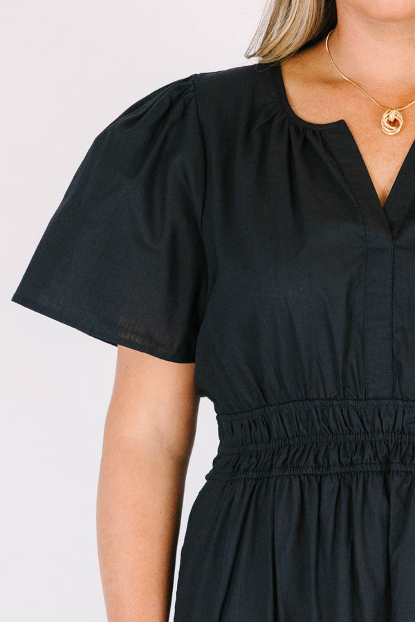 Chic Soul plus size clothing, black tiered flowy midi dress with cinched waistline and a v neck