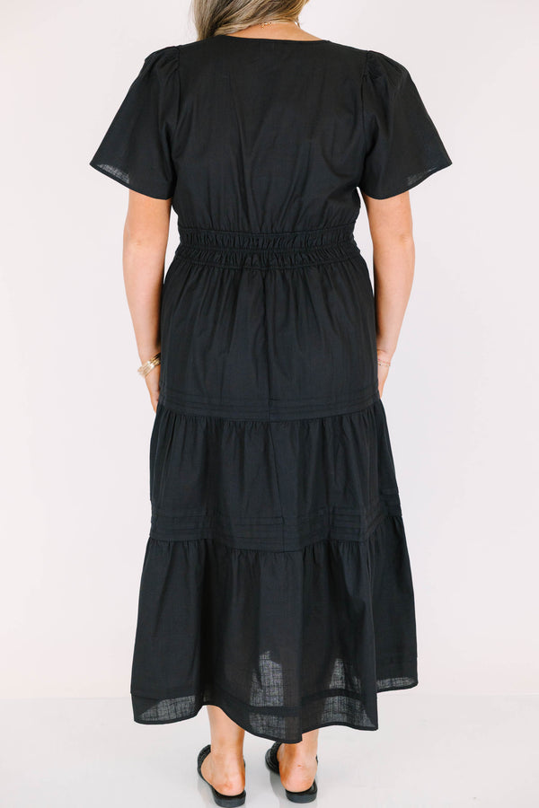 Chic Soul plus size clothing, black tiered flowy midi dress with cinched waistline and a v neck