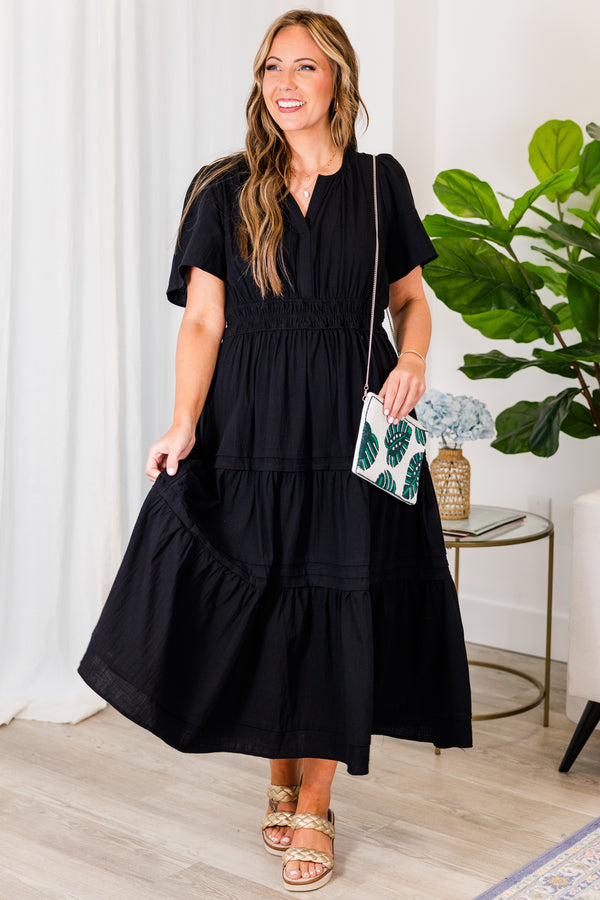Chic Soul plus size clothing, black tiered flowy midi dress with cinched waistline and a v neck