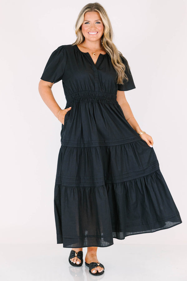 Chic Soul plus size clothing, black tiered flowy midi dress with cinched waistline and a v neck