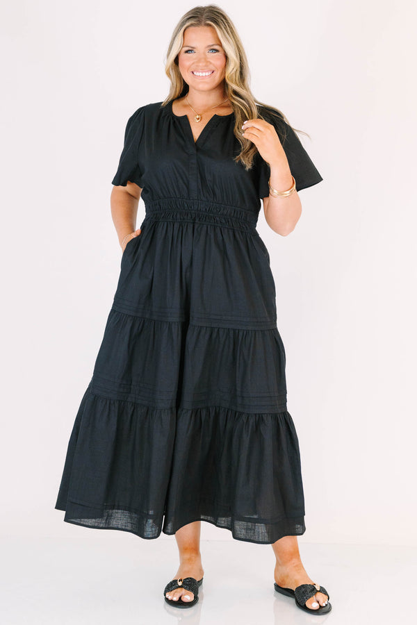 Chic Soul plus size clothing, black tiered flowy midi dress with cinched waistline and a v neck