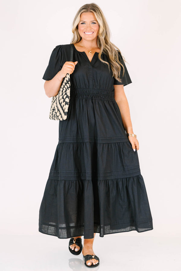 Chic Soul plus size clothing, black tiered flowy midi dress with cinched waistline and a v neck