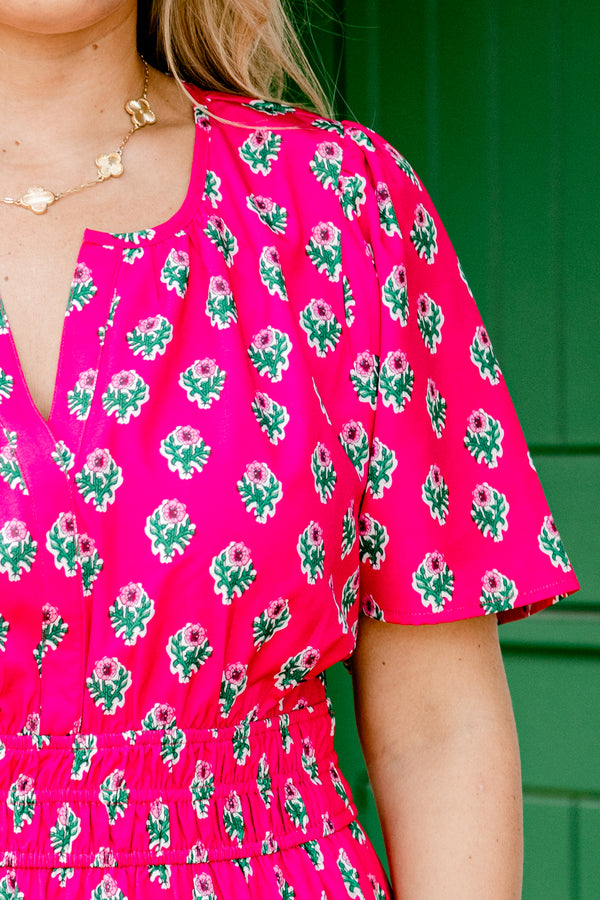 Chic Soul plus size clothing, fuchsia short-flutter sleeve shallow v-neck tiered maxi dress with floral pattern
